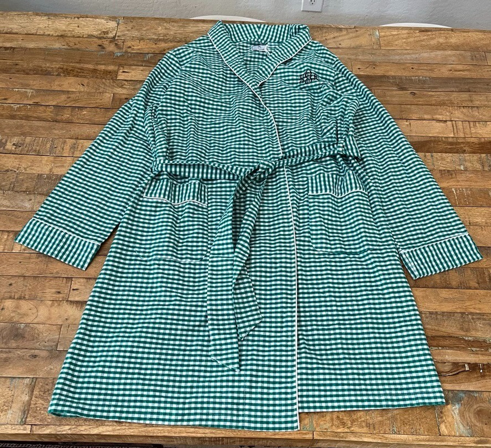 Petite Plume Green Gingham Flannel Robe Women's Medium NWT Embroidered Monogram